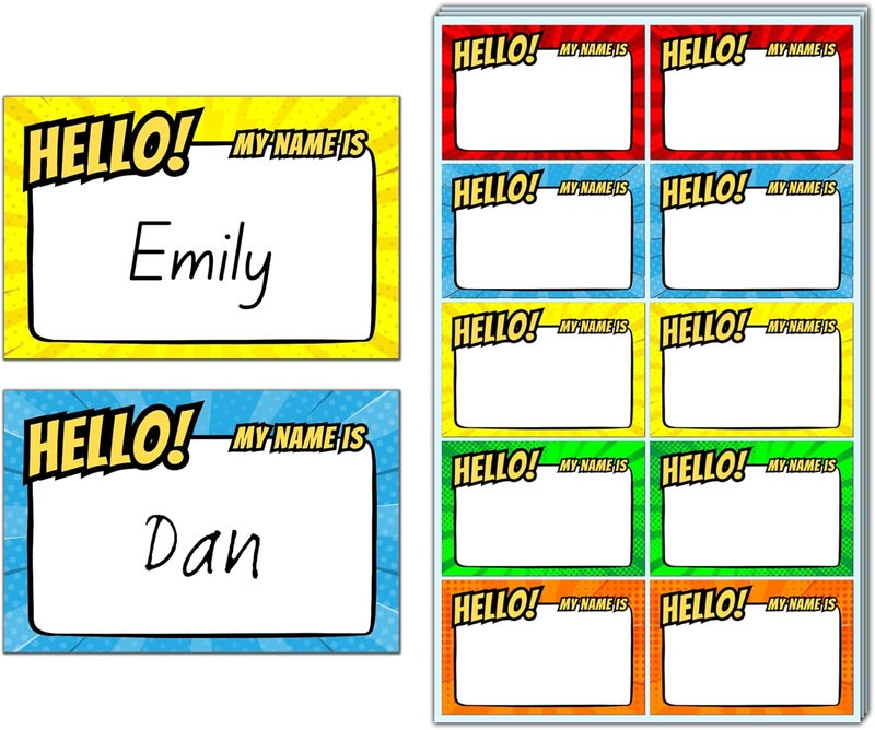 TownStix 200 قطعة ملصقات أسماء للأطفال مرحبًا، اسمي بطل خارق ملصقات حفلات ممتعة 5 تصميمات 3 × 2 - Image 1