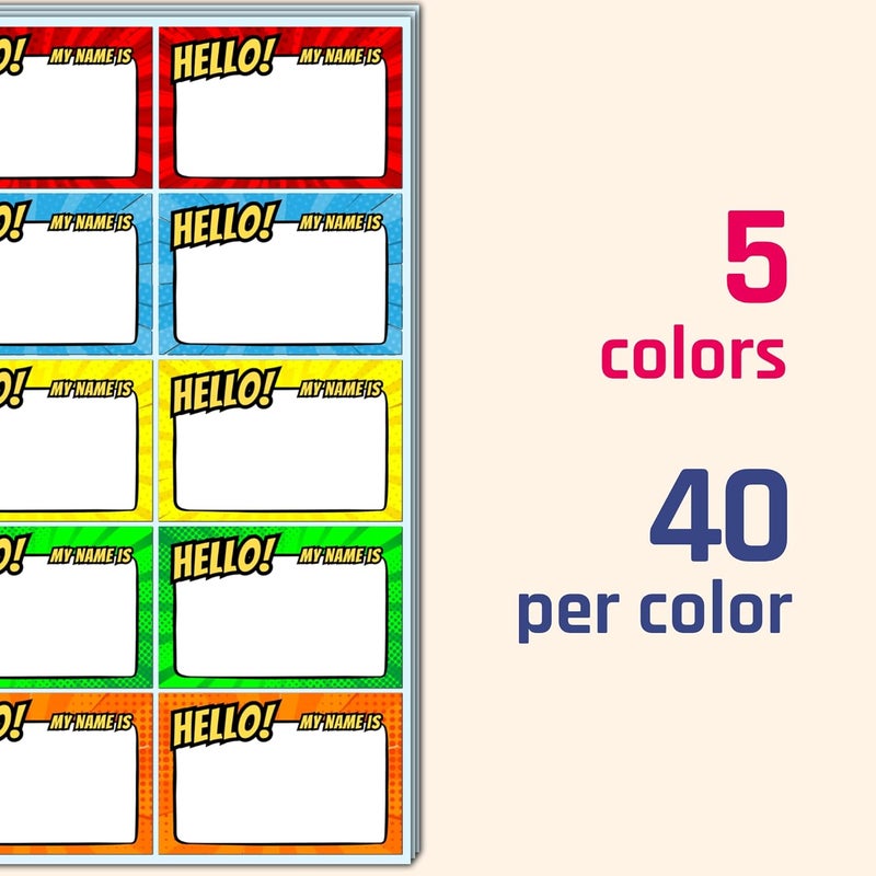 TownStix 200 قطعة ملصقات أسماء للأطفال مرحبًا، اسمي بطل خارق ملصقات حفلات ممتعة 5 تصميمات 3 × 2 - Image 4
