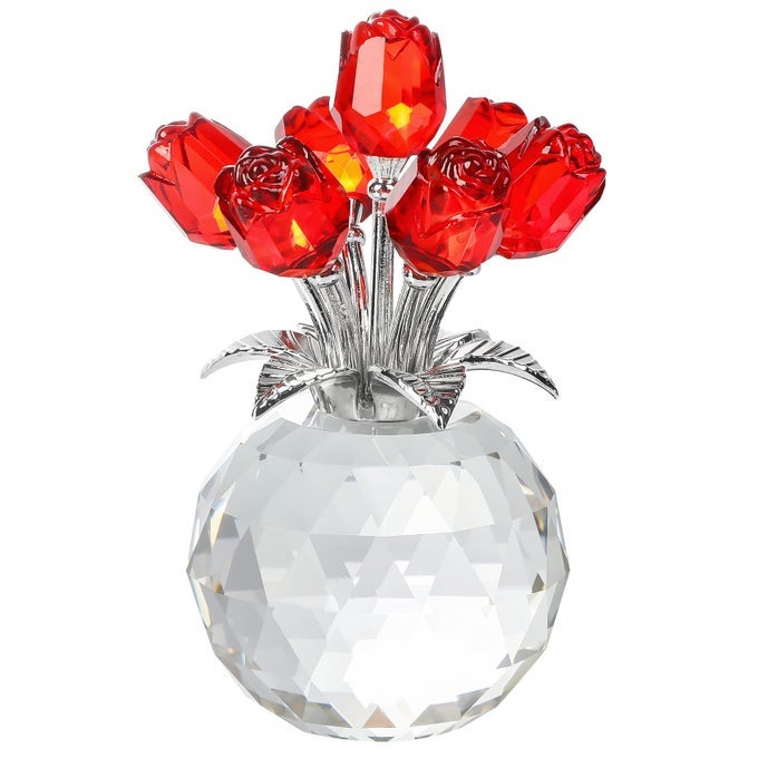 HANDMADE CRYSTAL RED ROSE FLOWER FIGURINE WITH ROUND VASE ROMANTIC GIFTS FOR WOMEN ON ANNIVERSARY MOTHERS DAY BIRTHDAY COLLECTIBLE FIGURINES FOR HOME PARTY WEDDING DECORATIONS