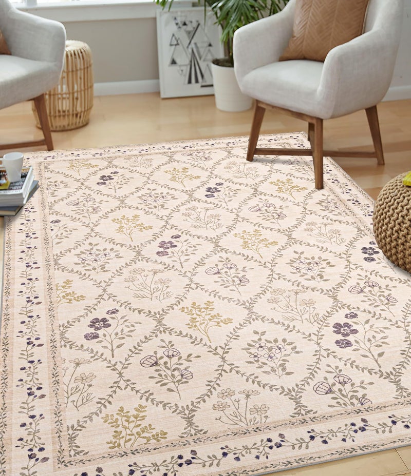YIHOUSE Washable 5x7 Area Rugs for Bedroom Girls, Beige Floral Rug for Living Room Non Slip Ultra-Thin, Large Boho Carpet for Entyway, Kids Playroom, Classroom, Dorm, Nursery Decor - Image 2