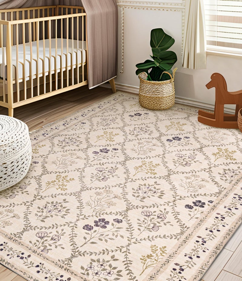 YIHOUSE Washable 5x7 Area Rugs for Bedroom Girls, Beige Floral Rug for Living Room Non Slip Ultra-Thin, Large Boho Carpet for Entyway, Kids Playroom, Classroom, Dorm, Nursery Decor - Image 3