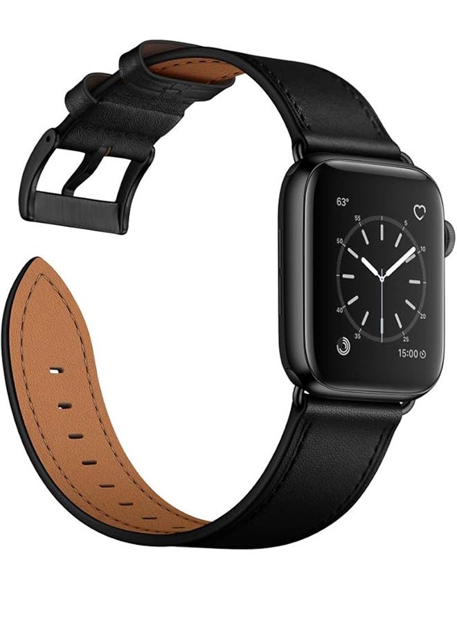 سوار ساعة Apple Watch متوافق 49 مم/46 مم/45 مم/44 مم/42 مم، سوار ساعة من الجلد الأصلي بديل متوافق مع Apple Watch Ultra 2/1 Series 10/9/8/7/6/5/4/3/2/1/SE، أسود/أسود Ack - Image 3