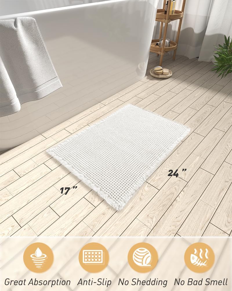 AMOAMI Upgraded Waffle Bath Mat, Super Absorbent Non Slip Bath Mats for Bathroom Floor, Machine Washable Bathroom Rugs with Tassels, Rubber Backed Bathroom Mats, Ultra Soft, 17" x 24", White - Image 2