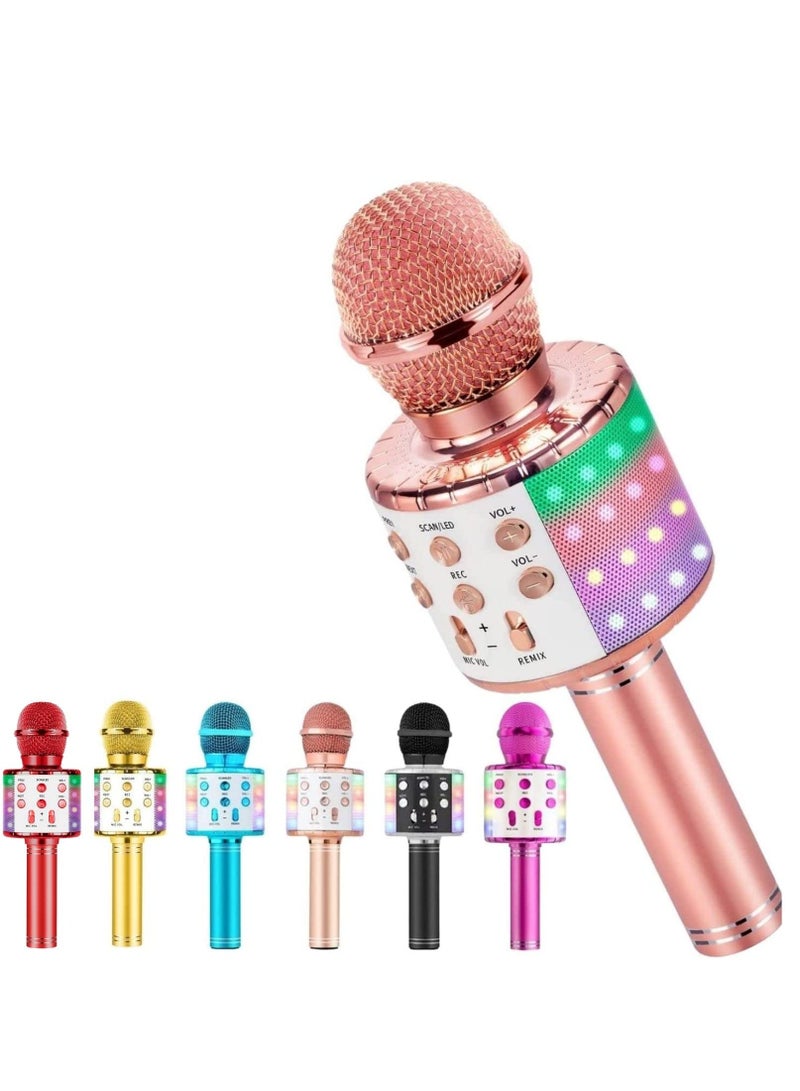 Microphone for Kids Singing 5 in 1 Wireless Bluetooth Microphone with LED Lights Karaoke Machine Portable Mic Speaker Player Recorder for Home Party Birthday (Rose Gold)  - Image 1