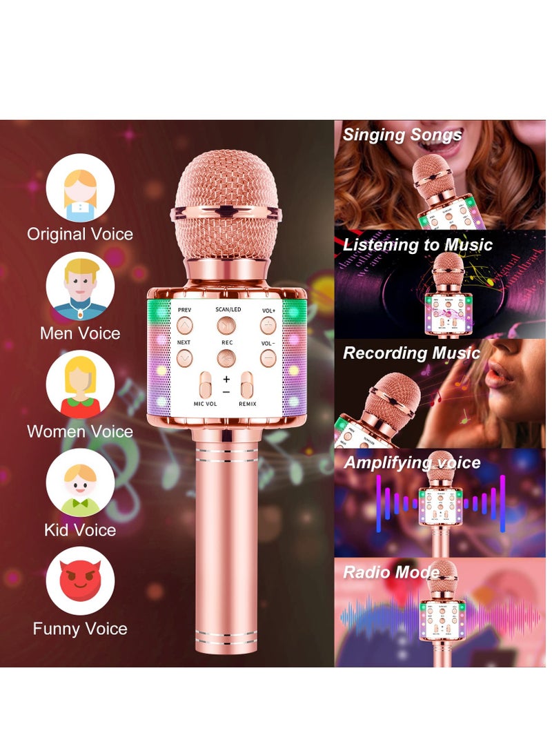 Microphone for Kids Singing 5 in 1 Wireless Bluetooth Microphone with LED Lights Karaoke Machine Portable Mic Speaker Player Recorder for Home Party Birthday (Rose Gold)  - Image 2