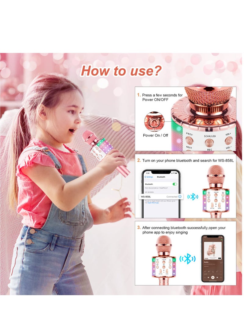 Microphone for Kids Singing 5 in 1 Wireless Bluetooth Microphone with LED Lights Karaoke Machine Portable Mic Speaker Player Recorder for Home Party Birthday (Rose Gold)  - Image 4