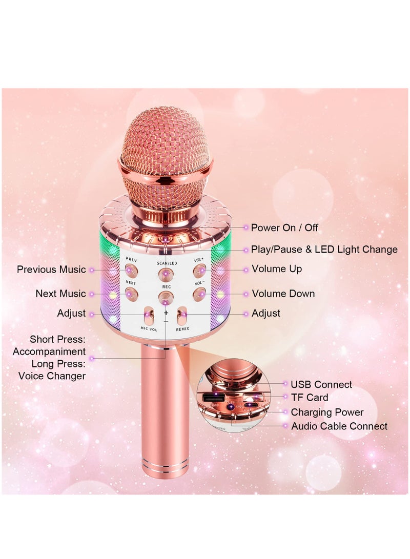 Microphone for Kids Singing 5 in 1 Wireless Bluetooth Microphone with LED Lights Karaoke Machine Portable Mic Speaker Player Recorder for Home Party Birthday (Rose Gold)  - Image 3