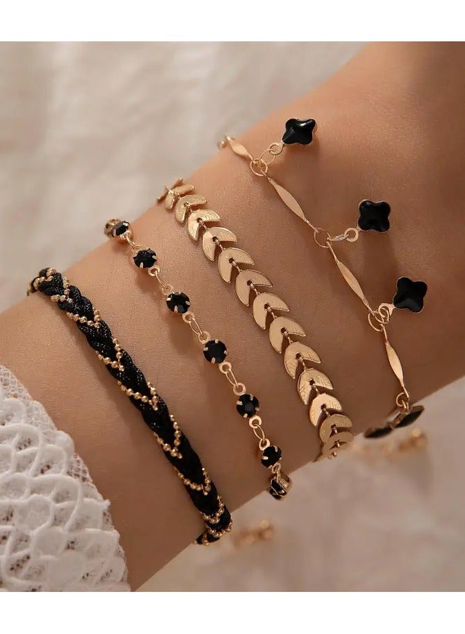 Home Clearance Sale 4pcs Black Color Thin Chain Bracelet Set Hip Hop Style Zinc Alloy Hand Chain Bracelet Set For Women - Image 1