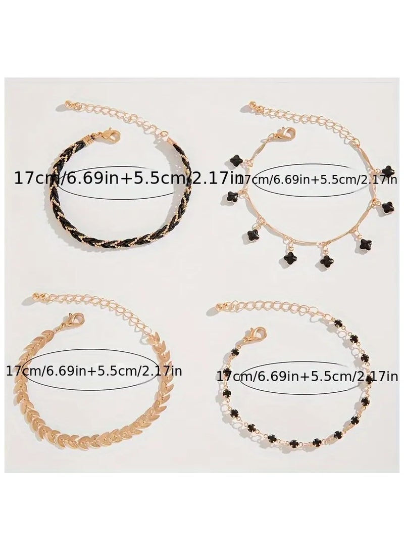 Home Clearance Sale 4pcs Black Color Thin Chain Bracelet Set Hip Hop Style Zinc Alloy Hand Chain Bracelet Set For Women - Image 2