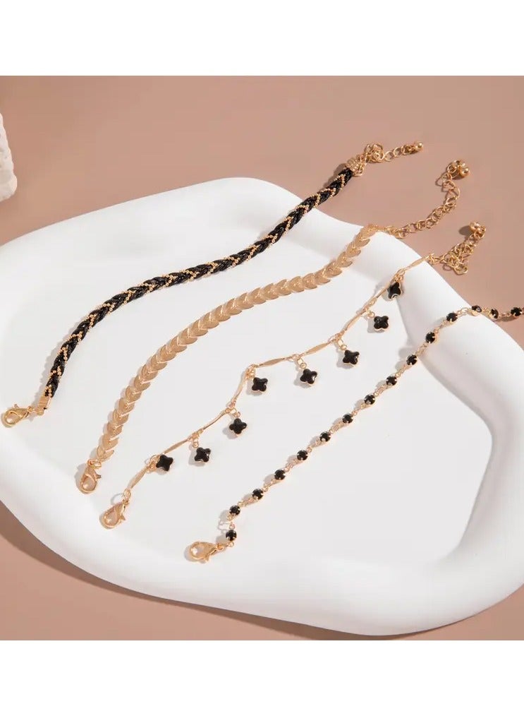 Home Clearance Sale 4pcs Black Color Thin Chain Bracelet Set Hip Hop Style Zinc Alloy Hand Chain Bracelet Set For Women - Image 3