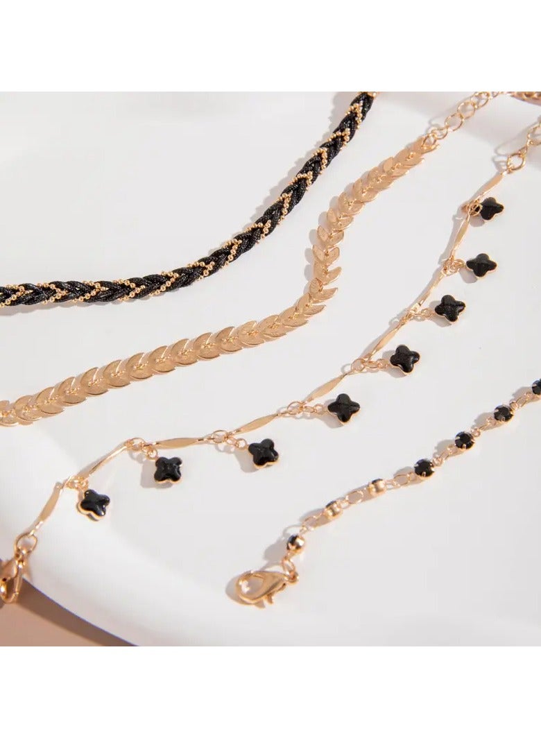 Home Clearance Sale 4pcs Black Color Thin Chain Bracelet Set Hip Hop Style Zinc Alloy Hand Chain Bracelet Set For Women - Image 4