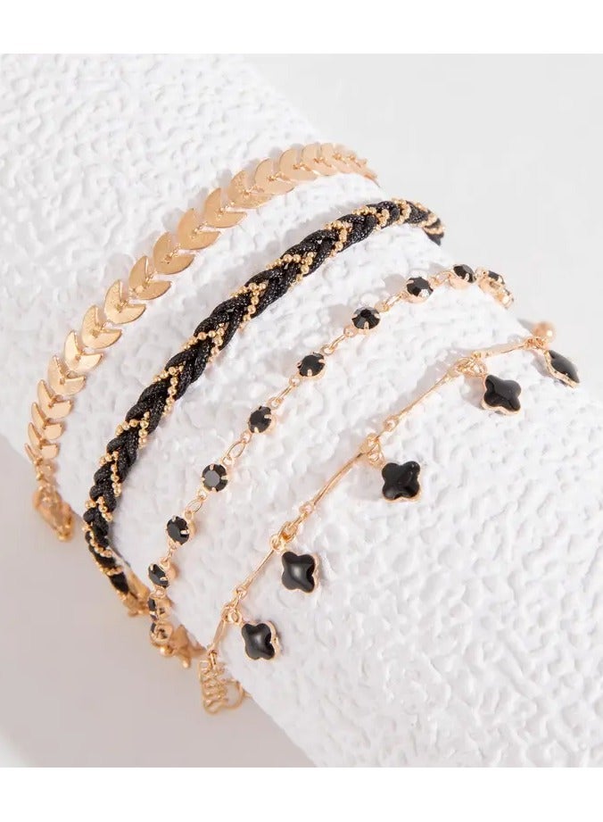 Home Clearance Sale 4pcs Black Color Thin Chain Bracelet Set Hip Hop Style Zinc Alloy Hand Chain Bracelet Set For Women - Image 5