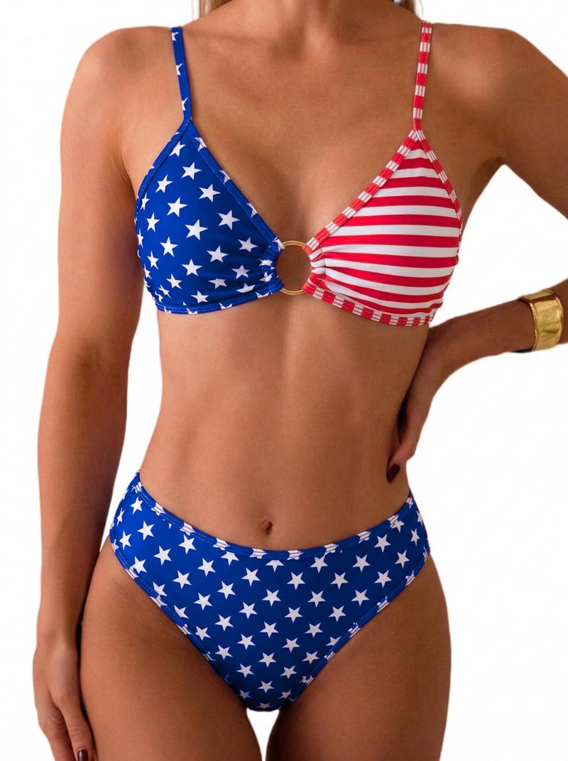 Tainehs Women's Two Piece Bikini Sets O Ring Front Top Ditsy Floral Triangle Swimsuits Cheeky Bathing Suit American Flag - Image 1