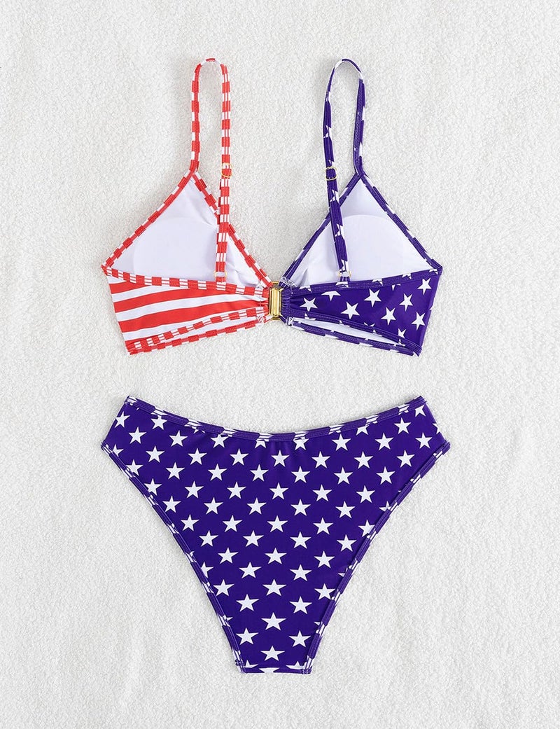 Tainehs Women's Two Piece Bikini Sets O Ring Front Top Ditsy Floral Triangle Swimsuits Cheeky Bathing Suit American Flag - Image 5