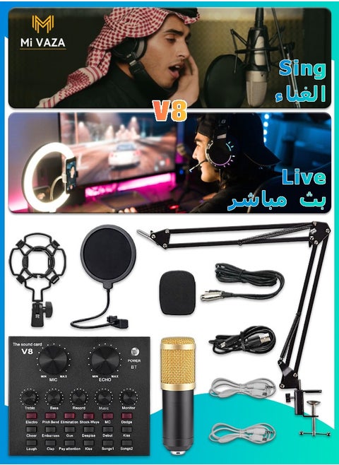 Condenser Microphone BundleMic Kit with Live Sound Card, Adjustable Mic Suspension Scissor Arm BM8006 Gold
