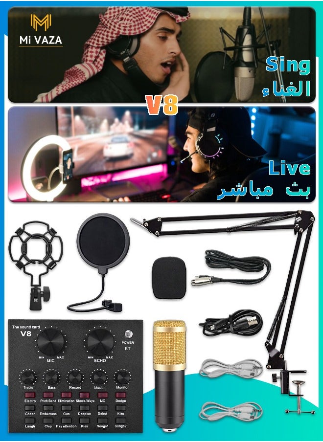 Condenser Microphone BundleMic Kit with Live Sound Card, Adjustable Mic Suspension Scissor Arm BM8006 Gold