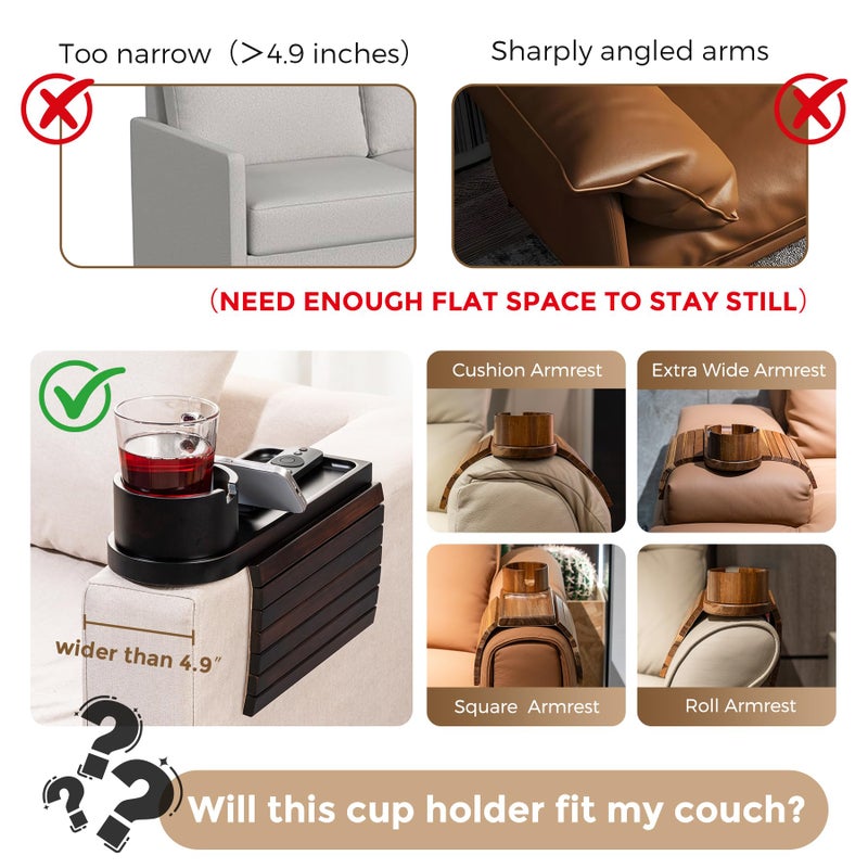TOMLYOP Couch Cup Holder for Armrests Over 4.9" Wide, Bamboo Couch Arm Tray with 360Â° Rotating Phone Stand, 3 in 1 Foldable Sofa Arm Tray Table for Remote, Snacks, Phone, Drinks Walnut - Image 3