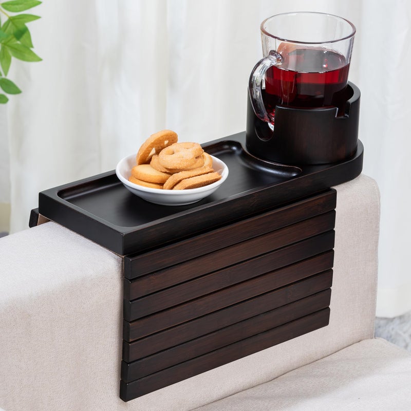 TOMLYOP Couch Cup Holder for Armrests Over 4.9" Wide, Bamboo Couch Arm Tray with 360Â° Rotating Phone Stand, 3 in 1 Foldable Sofa Arm Tray Table for Remote, Snacks, Phone, Drinks Walnut - Image 1