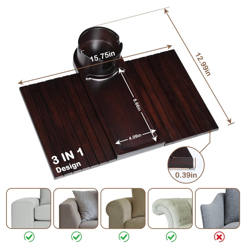 TOMLYOP Couch Cup Holder for Armrests Over 4.9" Wide, Bamboo Couch Arm Tray with 360Â° Rotating Phone Stand, 3 in 1 Foldable Sofa Arm Tray Table for Remote, Snacks, Phone, Drinks Walnut - Image 4