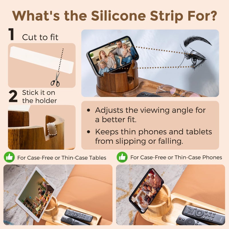 TOMLYOP Couch Cup Holder for Armrests Over 4.9" Wide, Bamboo Couch Arm Tray with 360Â° Rotating Phone Stand, 3 in 1 Foldable Sofa Arm Tray Table for Remote, Snacks, Phone, Drinks Walnut - Image 5