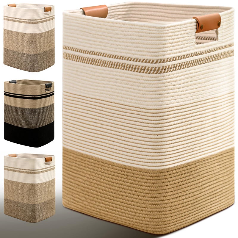 Degeyoyo Laundry Hamper, 85L Tall Laundry Basket with Leather Handles, Rectangle Large Clothes Hamper for Organizing, Cotton Woven Laundry Baskets Storage Hampers for Bedroom, Nursery, Living Room - Image 1