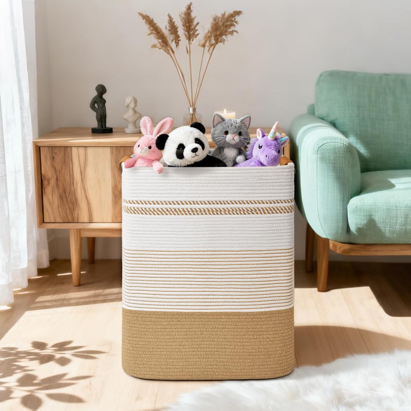 Degeyoyo Laundry Hamper, 85L Tall Laundry Basket with Leather Handles, Rectangle Large Clothes Hamper for Organizing, Cotton Woven Laundry Baskets Storage Hampers for Bedroom, Nursery, Living Room - Image 2