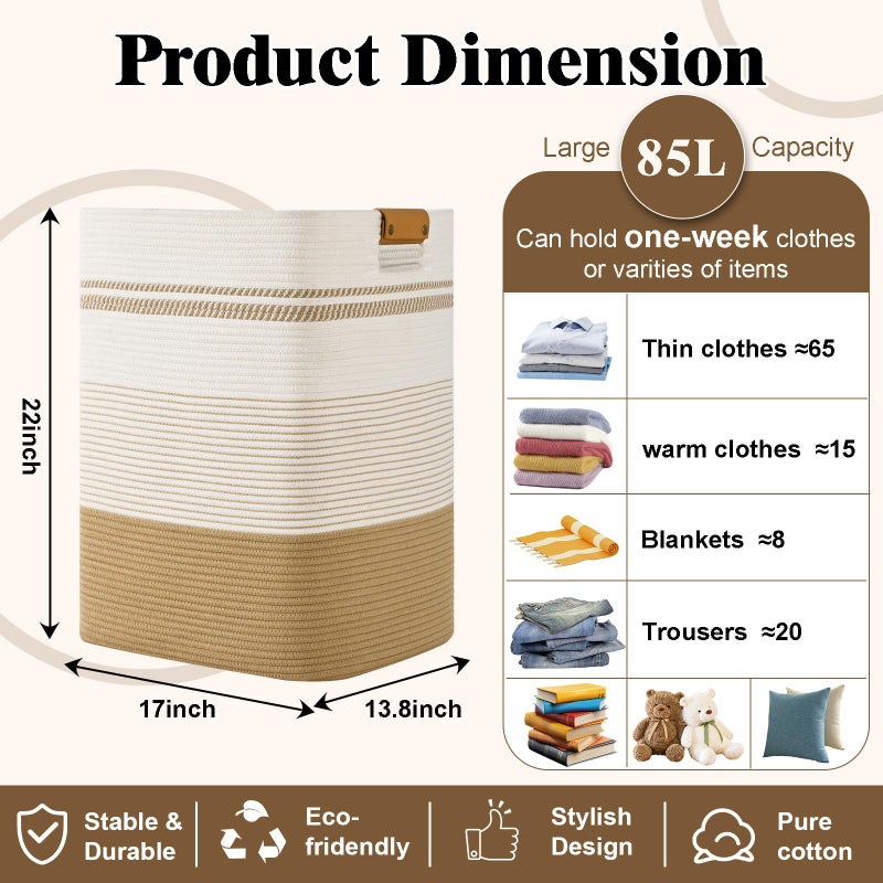 Degeyoyo Laundry Hamper, 85L Tall Laundry Basket with Leather Handles, Rectangle Large Clothes Hamper for Organizing, Cotton Woven Laundry Baskets Storage Hampers for Bedroom, Nursery, Living Room - Image 3