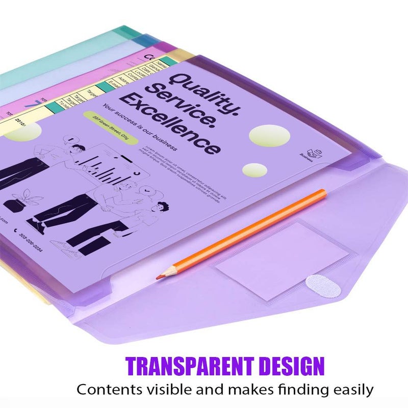 Sooez 5 Pack Plastic Envelopes Poly Envelopes, Clear Document Folders Plastic File Folders US Letter A4 Size File Folder with Label Pocket, Teacher School Office Supplies Organization, Assorted Color - Image 4