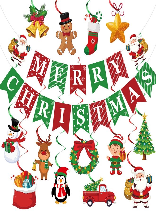 Maniaacer Merry Christmas Party Decorations Pre-strung Merry Christmas Banner with Hanging Swirls Red Green Santa Claus Snowman Hanging Ceiling Swirl for Xmas Holiday Party Home Decor - Image 1