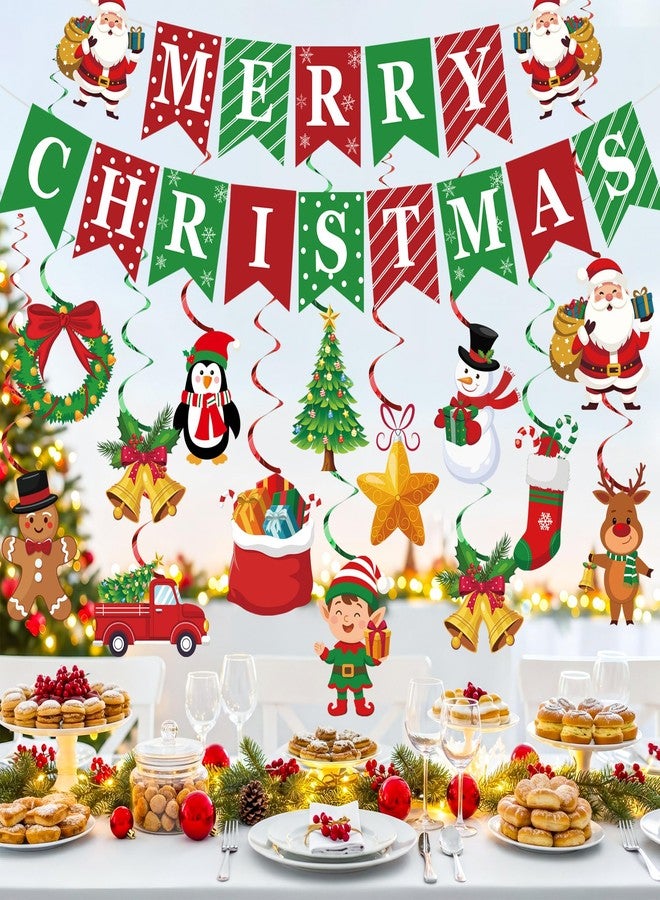 Maniaacer Merry Christmas Party Decorations Pre-strung Merry Christmas Banner with Hanging Swirls Red Green Santa Claus Snowman Hanging Ceiling Swirl for Xmas Holiday Party Home Decor - Image 5