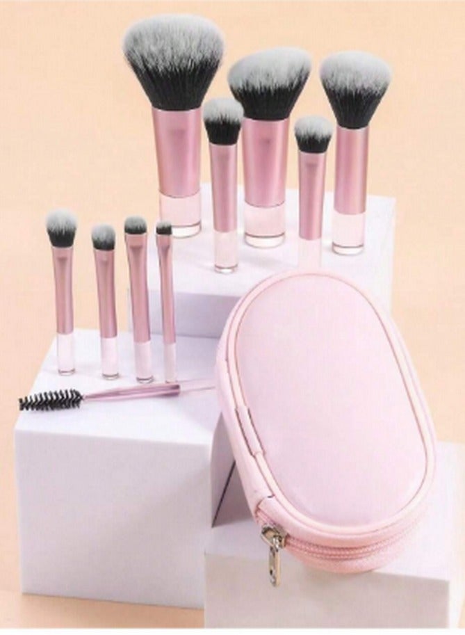 10-Piece Pink Makeup Brush Set with Zippered Case - Versatile Brushes for a Flawless Look - Image 1