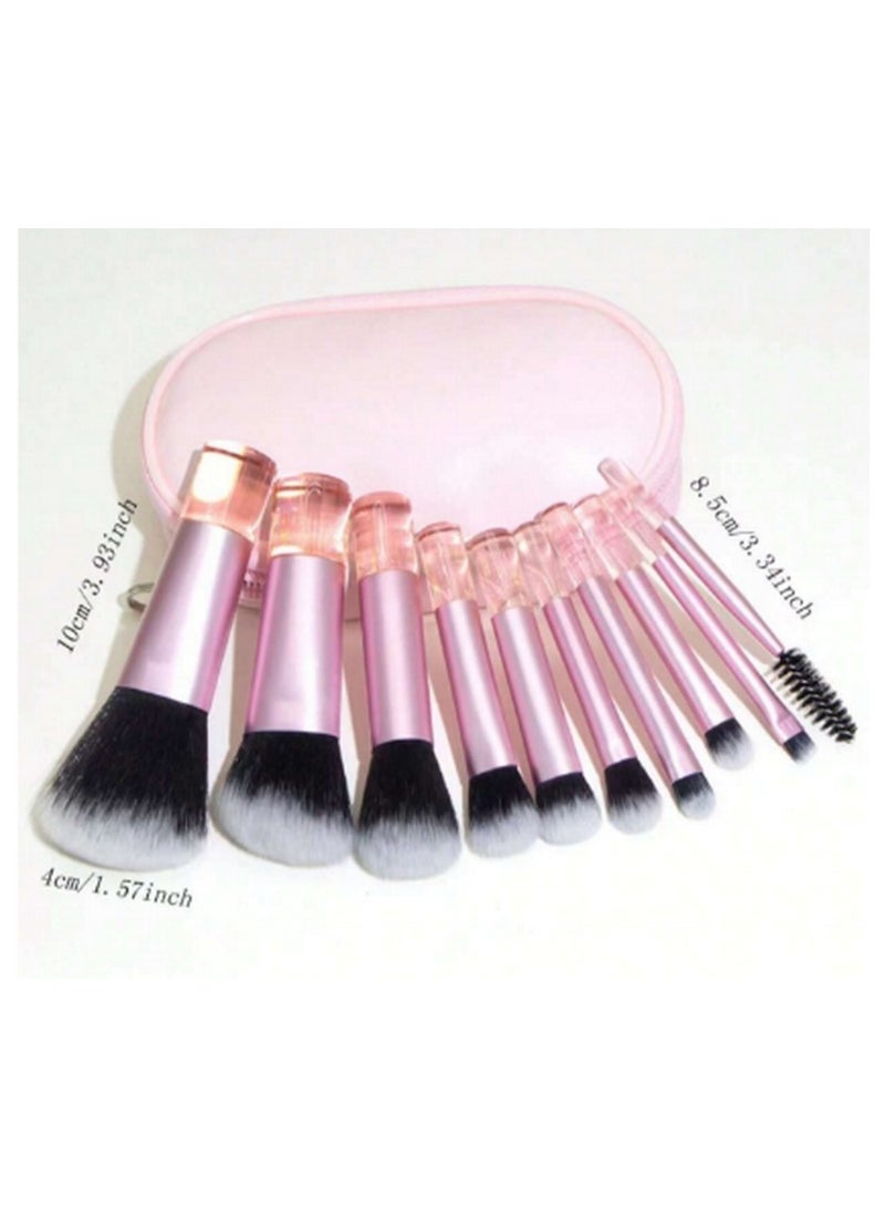 10-Piece Pink Makeup Brush Set with Zippered Case - Versatile Brushes for a Flawless Look - Image 4