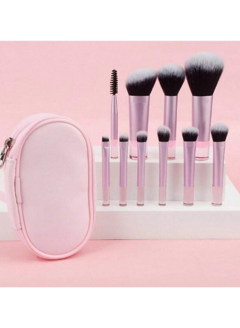 10-Piece Pink Makeup Brush Set with Zippered Case - Versatile Brushes for a Flawless Look - Image 5