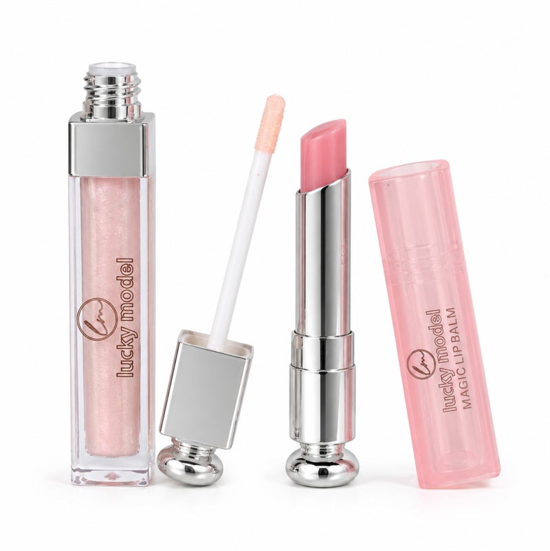 OCHEAL 2 in 1 Lip Gloss and Lip Balm Set, 2 Piece Soft Pink Lip Makeup Duo, 6.5ml Shimmer Lip Gloss - Image 1