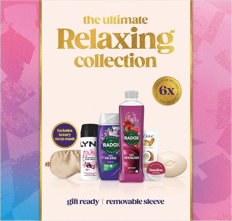Lynx Radox Dove Vaseline The Ultimate Relaxing Collection Gift Set body spray shower gel bath soak hand cream beauty bar lip balm Sleep Mask perfect for any occasion 6 piece