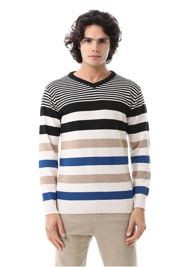 Andora V-Neck Long Sleeves Pullover_Off White, Black & Blue  - Image 1