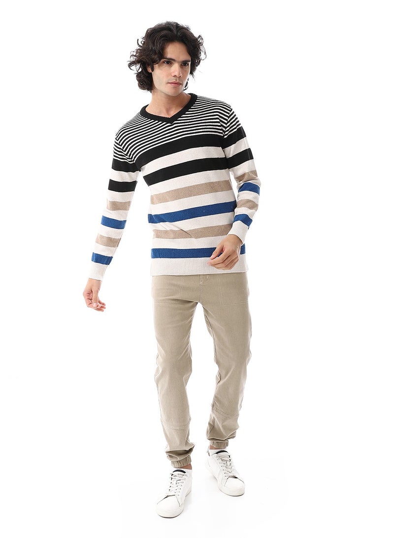 V-Neck Long Sleeves Pullover_Off White, Black & Blue