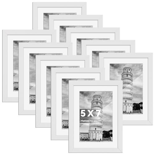 HappyHapi 5x7 Picture Frames Set of 10 White Picture Frames Display Pictures 4x6 with Mat or 5x7 Without Tabletop or Wall Display Multi Photo Frames Collage White