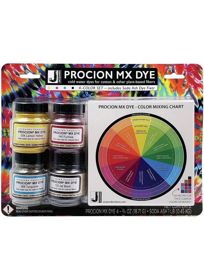 Jacquard - Jacquard Procion Mx Dye 4 Color Set with Soda Ash and Color Mixing Chart - Lemon Yellow - Fuchsia - Turquoise - Jet Black - Image 1