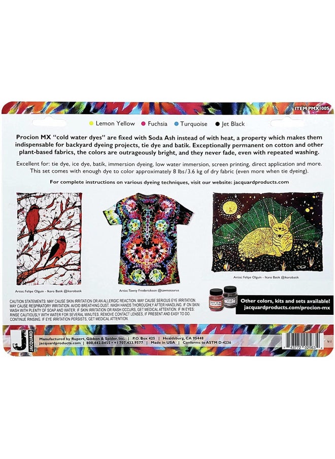 Jacquard - Jacquard Procion Mx Dye 4 Color Set with Soda Ash and Color Mixing Chart - Lemon Yellow - Fuchsia - Turquoise - Jet Black - Image 1