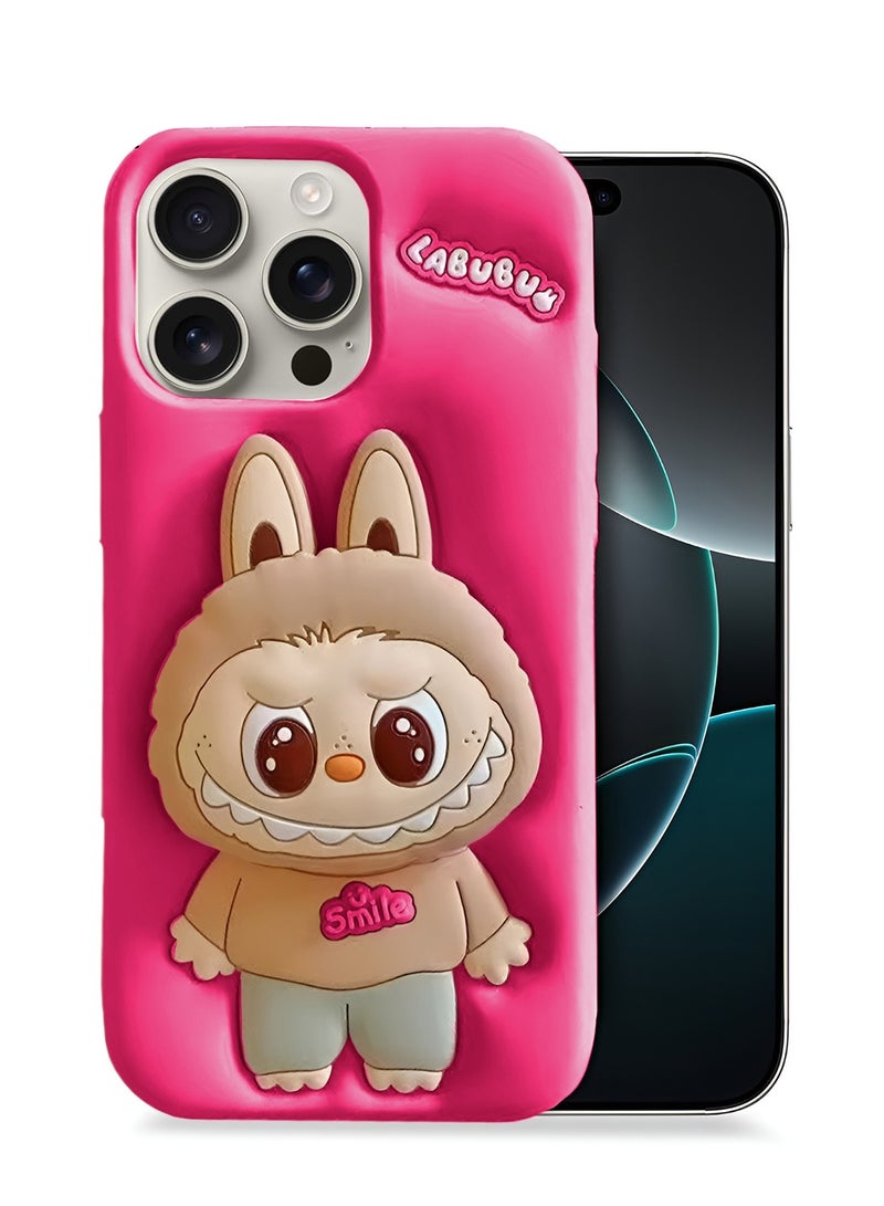 Wtech Apple iPhone 16 Pro 5G 2024 3D Labubu Cartoon Pop Case, Premium Soft Liquid Jelly Silicone Case with Phone Holder Cool Full Protective Cute Aesthetic Case Cover - Rose - Image 1