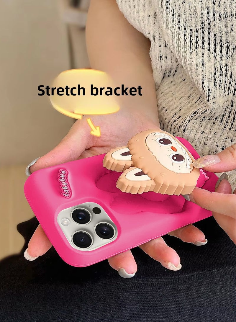 Wtech Apple iPhone 16 Pro 5G 2024 3D Labubu Cartoon Pop Case, Premium Soft Liquid Jelly Silicone Case with Phone Holder Cool Full Protective Cute Aesthetic Case Cover - Rose - Image 3