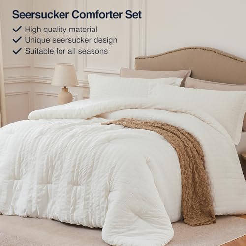 Quataly Beige Oversized Queen Comforter Set - 3 Pieces Seersucker Lightweight Bedding Comforter Sets (1 Soft Fluffy Comforter & 2 Pillowcases) - All Seasons Cozy Farmhouse Bed Sets for Women Men - Image 2