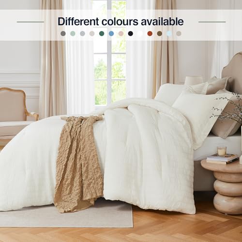 Quataly Beige Oversized Queen Comforter Set - 3 Pieces Seersucker Lightweight Bedding Comforter Sets (1 Soft Fluffy Comforter & 2 Pillowcases) - All Seasons Cozy Farmhouse Bed Sets for Women Men - Image 3