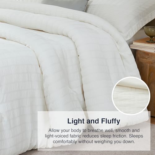 Quataly Beige Oversized Queen Comforter Set - 3 Pieces Seersucker Lightweight Bedding Comforter Sets (1 Soft Fluffy Comforter & 2 Pillowcases) - All Seasons Cozy Farmhouse Bed Sets for Women Men - Image 5