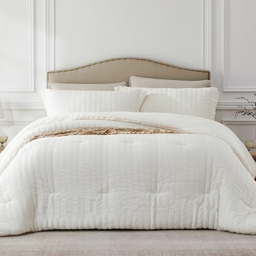 Quataly Beige Oversized Queen Comforter Set - 3 Pieces Seersucker Lightweight Bedding Comforter Sets (1 Soft Fluffy Comforter & 2 Pillowcases) - All Seasons Cozy Farmhouse Bed Sets for Women Men - Image 1