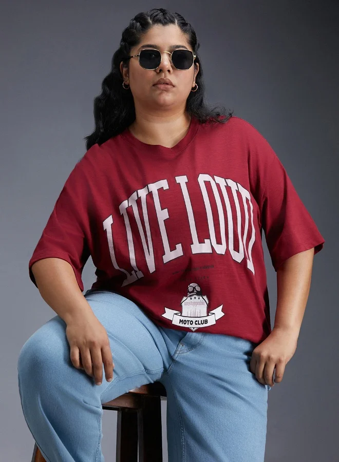 HIGH STAR Women's Red 100% Cotton Printed Oversized T-Shirt