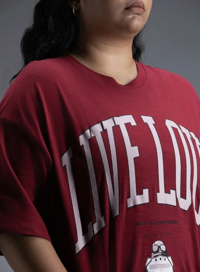 HIGH STAR Women's Red 100% Cotton Printed Oversized T-Shirt