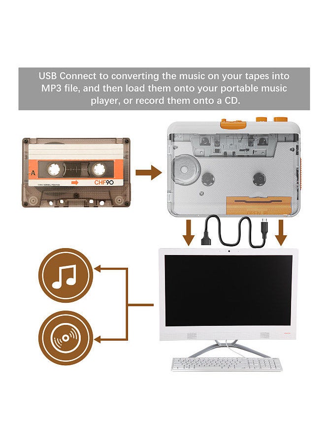 Portable Tape Player USB Cassettes Recorder Cassette to MP3 / CD Converter via USB Compatible with Laptops and Personal Computers with 3.5mm Headphone Port Stereo Sound Effect