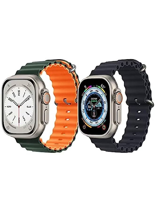 vesus Set of 2 Silicone Ocean Band Strap for Watch ultra 8 49mm Green and Orange Double Side Strap with Black Single Color Strap